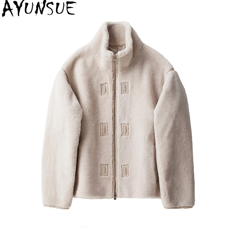 Men'S Fashion Zipper Jacket - AYUNSUE Natural Merino Sheep Shearling Jacket