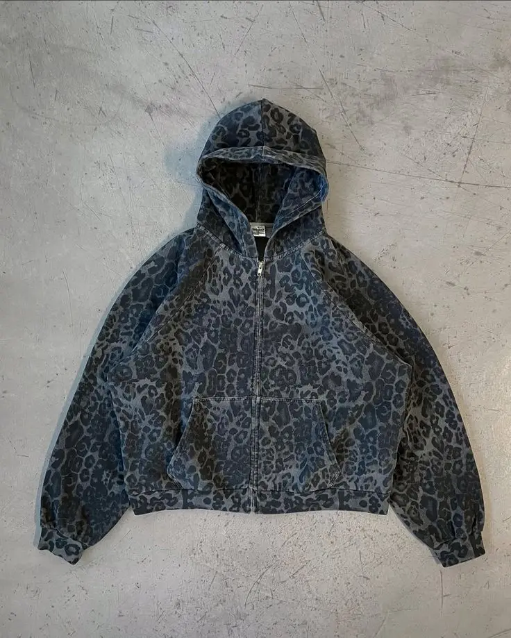 Retro Y2K Leopard Print Zipper - Mens Fashion Zip Up Hoodies ulasan dan harga