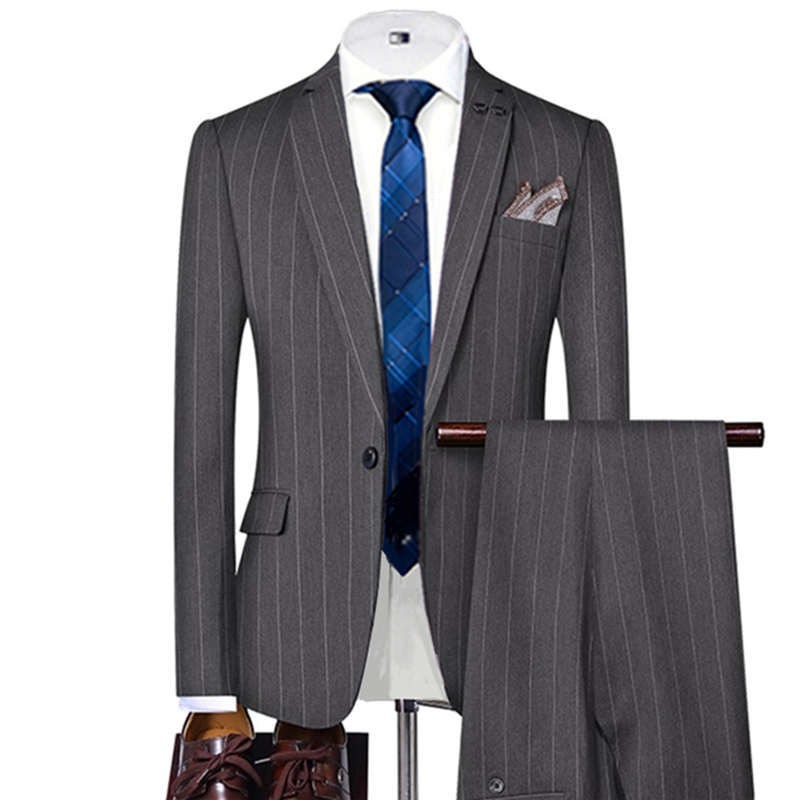Grey/Black Striped Mens Suits  - Slim Fit Blazer Men ulasan dan harga