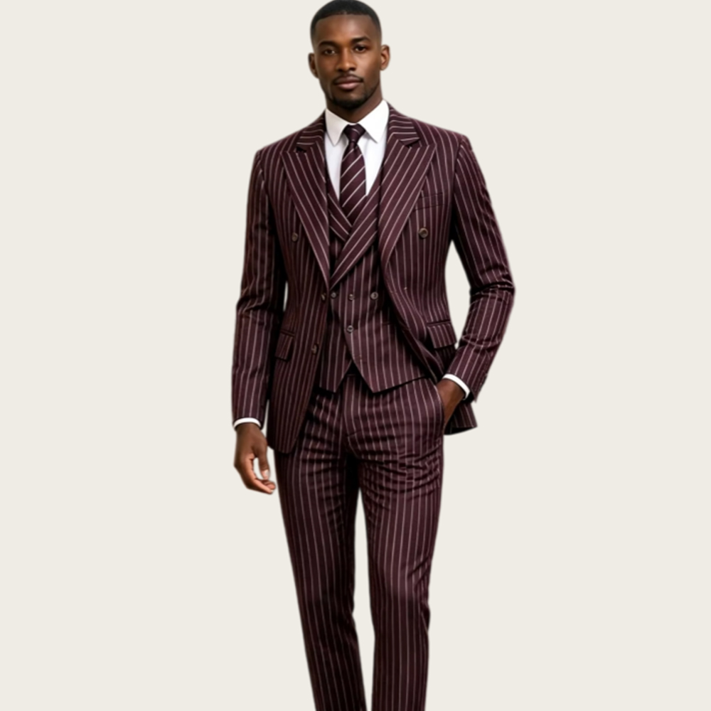 Burgundy Pinstripe Men Suits 3 - Slim Fit Blazer Men ulasan dan harga